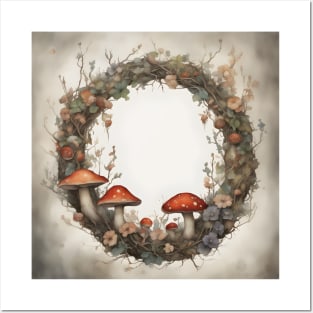 Wreath of flowers and mushrooms Posters and Art